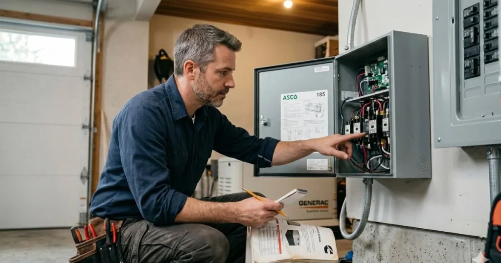 Getron automatic transfer system being inspected by technician inside electrical control panel for reliable generator power backup and seamless load transfer during outages